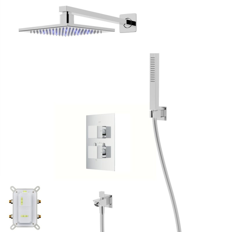 Zestaw prysznicowy Corsan Ango chrom z deszczownicą LED, baterią termostatyczną, słuchawką i wylewką
