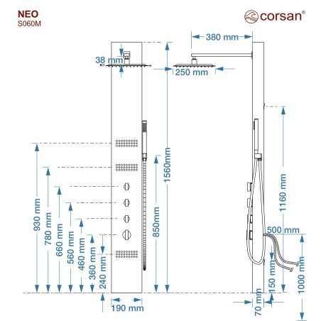 Panel prysznicowy Corsan NEO Mieszacz Stal GunMetal