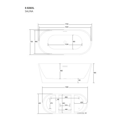 Wanna wolnostojąca Corsan SALINA 170 x 72 cm Korek klik-klak Czarny