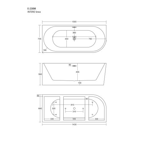 Wanna wolnostojąca narożna Corsan INTERO SLIM 150 x 75 Montaż lewostronny Korek klik-klak Biały