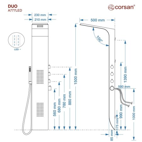 Panel prysznicowy Corsan DUO Termostat Czarny Deszczownica LED